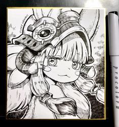 Rule 34 | 1other, :3, animal ears, art tools in frame, artist name, circle name, closed mouth, crosshatching, from behind, furry, greyscale, hatching (texture), helmet, high contrast, highres, linear hatching, looking at viewer, looking back, made in abyss, monochrome, nanachi (made in abyss), other focus, photo (medium), shikishi, short hair with long locks, signature, tsumiki yuu, upper body, whiskers