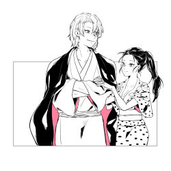 Rule 34 | 1boy, 1girl, awarinko, breasts, cleavage, closed mouth, coat, coat on shoulders, couple, cowboy shot, crossed arms, earrings, eye contact, facial mark, hair down, hands in opposite sleeves, hands on another&#039;s arm, hands up, height difference, hetero, highres, hinatsuru (kimetsu no yaiba), husband and wife, jewelry, kimetsu no yaiba, large breasts, long hair, long sleeves, looking at another, looking away, looking down, looking up, mole, mole under eye, monochrome, obi, outside border, pink theme, ponytail, sash, short hair, side-by-side, tasuki, uzui tengen, wide sleeves