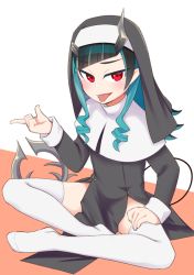 Rule 34 | 1girl, nanashi inc., alternate costume, black dress, black hair, blue hair, blush, commentary request, demon girl, demon horns, demon tail, dress, fang, flat chest, full body, habit, horns, ishimari, long hair, long sleeves, looking at viewer, multicolored hair, nun, open mouth, orange background, pointy ears, red eyes, shishio chris, simple background, sitting, smile, solo, sugar lyric, tail, thighhighs, tongue, tongue out, two-tone background, two-tone hair, virtual youtuber, white background, white thighhighs