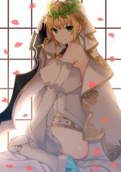 Rule 34 | 10s, 1girl, absurdres, aestus estus, ahoge, backless dress, backless outfit, backlighting, bare shoulders, blonde hair, boots, breasts, bridal veil, chain, closed mouth, detached sleeves, dress, fate/extra, fate/extra ccc, fate (series), female focus, from side, gloves, green eyes, headdress, high heel boots, high heels, highres, holding, holding sword, holding weapon, juliet sleeves, lio (rumei2265874644), lock, long sleeves, looking at viewer, medium breasts, nero claudius (bride) (fate), nero claudius (bride) (third ascension) (fate), nero claudius (fate), nero claudius (fate) (all), nero claudius (fate/extra), petals, puffy sleeves, short hair, sideboob, sidelocks, sitting, smile, solo, stiletto heels, sword, veil, wariza, weapon, white gloves, wreath