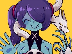 Rule 34 | 1girl, bare shoulders, blue skin, breasts, closed eyes, closed mouth, colored skin, commentary, detached collar, facing viewer, hair over one eye, leviathan (skullgirls), medium breasts, medium hair, purple hair, sheep (ss-she-ep), side ponytail, simple background, skeletal hand, skull, skullgirls, smile, solo, squigly (skullgirls), stitched mouth, stitches, upper body, waving, yellow background, zombie