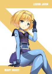 Rule 34 | 10s, 1girl, aliter, blonde hair, blue eyes, bodysuit, breasts, gloves, hairband, heavy object, highres, looking at viewer, milinda brantini, short hair, small breasts, solo