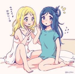 Rule 34 | 10s, 2girls, :3, :d, alternate hairstyle, arm around back, bare legs, barefoot, bed sheet, blonde hair, blue hair, blush, braid, commentary request, crown braid, flying sweatdrops, hair down, hair rings, hairstyle switch, holding, holding hair, long hair, looking at viewer, love live!, love live! sunshine!!, matsuura kanan, multiple girls, nightgown, nightshirt, ohara mari, open mouth, purple eyes, sitting, smile, sotamena (km stmn), translation request, twitter username, yellow eyes