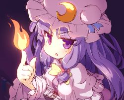 Rule 34 | 1girl, black background, crescent, crescent pin, fire, hat, index finger raised, isu (is88), long hair, looking at viewer, mob cap, open mouth, patchouli knowledge, purple eyes, purple hair, purple hat, simple background, solo, touhou, upper body, v-shaped eyebrows