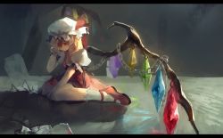 Rule 34 | 1girl, bad id, bad pixiv id, blonde hair, border, chain, covering one eye, crystal, flandre scarlet, full body, hat, hat ribbon, highres, looking at viewer, mary janes, mob cap, nazoko, pointy ears, puffy sleeves, red eyes, ribbon, shirt, shoes, short sleeves, side ponytail, sitting, skirt, skirt set, smile, socks, solo, touhou, vest, white socks, wings, wrist cuffs