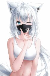 Rule 34 | 1girl, absurdres, animal ear fluff, animal ears, breasts, fox ears, fox girl, highres, hololive, long hair, looking at viewer, mask, medium breasts, mouth mask, navel, one eye closed, shira jun, shirakami fubuki, simple background, solo, upper body, virtual youtuber, white background, white hair