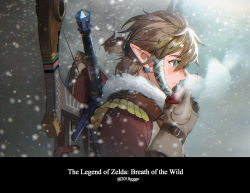 Rule 34 | absurdres, blonde hair, blue eyes, bow (weapon), breath, brown jacket, earrings, fur collar, gloves, hair between eyes, hair ribbon, highres, jacket, jewelry, link, male focus, medium hair, nintendo, outdoors, pointy ears, ribbon, shield, shield on back, short ponytail, sidelocks, snow, snowing, solo, sword, the legend of zelda, the legend of zelda: breath of the wild, twitter username, upper body, weapon, weapon on back, white ribbon, winter clothes, yurian (user utch8788)