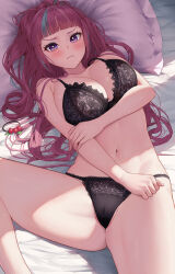 Rule 34 | 1girl, absurdres, black bra, black panties, blush, bra, breasts, closed mouth, highres, holding own arm, large breasts, long hair, looking at viewer, lying, multicolored hair, navel, on back, on bed, original, panties, pillow, red hair, solo, streaked hair, tansui san (tcjp4784), underwear, underwear only