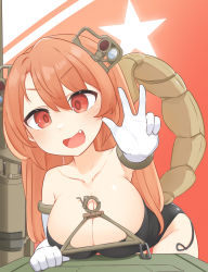 Rule 34 | 1girl, absurdres, bent over, breasts, cleavage, collarbone, daebom, fang, flag background, gloves, high, highres, large breasts, looking at viewer, military, military vehicle, motor vehicle, orange hair, original, personification, red eyes, single tooth, tank, white gloves