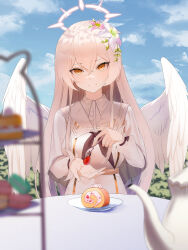 Rule 34 | 1girl, absurdres, angel wings, black neckerchief, blonde hair, blue archive, blurry, blurry foreground, cake, cake slice, capelet, closed mouth, cloud, crossed bangs, diamond-shaped pupils, diamond (shape), feathered wings, flower, food, fork, fruit, hair between eyes, hair flower, hair ornament, halo, highres, holding, holding fork, jasmin, long hair, looking at viewer, macaron, nagisa (blue archive), neckerchief, outdoors, pov across table, sailor collar, sidelocks, smile, solo, strawberry, swiss roll, symbol-shaped pupils, table, teapot, tiered tray, upper body, very long hair, white capelet, white sailor collar, white wings, wings, yellow eyes
