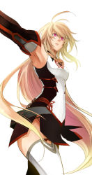 Rule 34 | 1girl, ahoge, armpits, bare shoulders, blonde hair, breasts, detached sleeves, lips, long hair, milla (fractured), pink eyes, ribbon, simple background, skirt, solo, tales of (series), tales of xillia, tales of xillia 2, thighhighs, very long hair