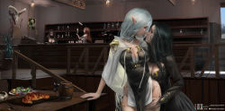 Rule 34 | 4girls, animal skull, arm support, artist name, bar (place), bartender, beer bottle, beer mug, black dress, black hair, breasts, brown eyes, brown hair, cape, cleavage, collarbone, commentary request, cup, dress, eye contact, food, hands on another&#039;s thighs, highres, large breasts, long hair, looking at another, medium breasts, mug, multiple girls, original, painting (object), plant, pointy ears, railing, red eyes, shelf, stairs, table, trophy head, watermark, web address, white cape, white hair, wine rack, wooden railing, ydiya, yuri