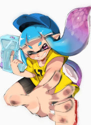Rule 34 | 1girl, bare legs, baseball cap, bike shorts, black shorts, blue hair, blunt bangs, fangs, foreshortening, grin, hand up, hat, holding, inkling, inkling girl, inkling player character, konkon (ring080), long hair, looking at viewer, mask, motion blur, multicolored hair, nintendo, one eye closed, outstretched arm, pink eyes, pointy ears, purple hair, shirt, short sleeves, shorts, simple background, smile, solo, suction cups, super soaker, t-shirt, tentacle hair, upper body, water gun, white background