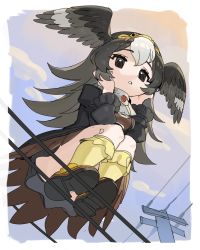 Rule 34 | bird girl, bird tail, bird wings, black hair, black shirt, blush, brown eyes, circlet, frilled shirt, frilled sleeves, frilled socks, frills, from below, hands on own cheeks, hands on own face, head wings, highres, kemono friends, long hair, long sleeves, looking at viewer, multicolored hair, power lines, scarf, shirt, socks, spawnfoxy, striated caracara (kemono friends), tail, utility pole, white hair, white scarf, wings, yellow socks