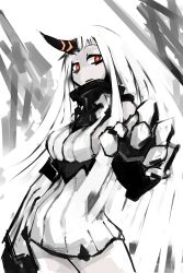 Rule 34 | 10s, 1girl, abyssal ship, breasts, claws, deel (rkeg), detached sleeves, dress, highres, horns, kantai collection, large breasts, long hair, pale skin, red eyes, ribbed dress, seaport princess, short dress, sideboob, single horn, solo, very long hair, white hair