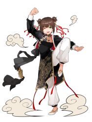 Rule 34 | 1girl, ;d, arm up, breasts, brown hair, china dress, chinese clothes, cloud, dairoku ryouhei, double bun, dress, full body, hair bun, hair ribbon, leg up, long sleeves, one eye closed, open mouth, red ribbon, ribbon, shermie luo, shikisehiro, small breasts, smile, solo, transparent background, white footwear