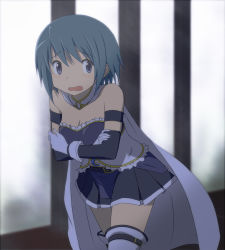 Rule 34 | 10s, 1girl, armband, bare shoulders, belt, blue eyes, blue hair, cape, crossed arms, gloves, magical girl, mahou shoujo madoka magica, mahou shoujo madoka magica (anime), matching hair/eyes, miki sayaka, rp (necho), short hair, solo, soul gem, thighhighs, zettai ryouiki