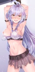 Rule 34 | 1girl, ahoge, armpits, arms up, blush, bound, bound arms, breasts, brown eyes, commentary, granblue fantasy, highres, long hair, looking at viewer, medium breasts, midriff, myusha, navel, nipples, one breast out, open mouth, pussy juice, silva (granblue fantasy), silver hair, skirt, solo, tank top, torn clothes, torn skirt