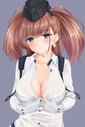 Rule 34 | 1girl, atlanta (kancolle), blue background, blush, bra visible through clothes, breasts, brown hair, buttons, cleavage, collarbone, earrings, garrison cap, gloves, grey eyes, grey gloves, hat, highres, jewelry, kantai collection, large breasts, long hair, long sleeves, partially fingerless gloves, shirt, simple background, solo, suspenders, twintails, two side up, umino haruka (harukaumino6), white shirt