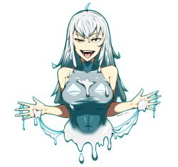 Rule 34 | 1girl, absurdres, ahoge, breasts, constricted pupils, covered navel, crazy smile, dated, fangs, grey hair, highres, large breasts, long hair, open mouth, orange eyes, original, raised eyebrow, shirt, sleeveless, sleeveless shirt, slime (substance), smile, solo, twitter username, upper body, wan (imwan42)