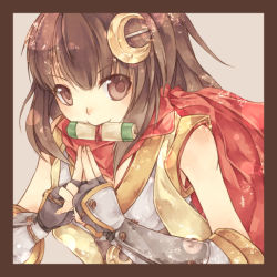 Rule 34 | 1girl, border, breasts, brown border, brown eyes, brown hair, commentary request, crescent, crescent hair ornament, grey background, hair between eyes, hair ornament, hairpin, japanese clothes, kimono, kuji-in, long hair, looking at viewer, lunaraven, mouth hold, ninja (ragnarok online), ragnarok online, red scarf, scarf, scroll, simple background, sleeveless, sleeveless kimono, small breasts, solo, upper body, vambraces, white kimono