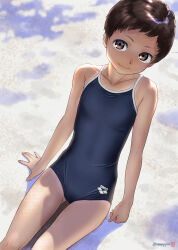 Rule 34 | 1girl, arena (company), bare shoulders, blue one-piece swimsuit, breasts, brown eyes, brown hair, collarbone, commentary request, competition school swimsuit, cowboy shot, female focus, fingernails, highres, logo, looking at viewer, mu-pyon, one-piece swimsuit, original, outdoors, school swimsuit, short hair, sitting, small breasts, smile, solo, swimsuit, tan, tomboy, very short hair