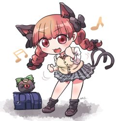 Rule 34 | 1girl, :3, alternate costume, animal ears, arms up, artist name, bag, beamed eighth notes, black legwear, blouse, blunt bangs, blush, bow, bowtie, braid, breasts, brown footwear, cat ears, cat girl, cat tail, chibi, clenched hands, commentary, dancing, eighth note, extra ears, fang, floating clothes, floating hair, hair bow, hair ribbon, kaenbyou rin, leaning forward, loafers, long sleeves, looking at viewer, miniskirt, motion lines, multiple tails, musical note, open mouth, plaid, plaid skirt, red bow, red bowtie, red eyes, red hair, reiuji utsuho, reiuji utsuho (bird), ribbon, rokugou daisuke, school bag, school uniform, shadow, shirt, shoes, short hair, simple background, skirt, solo, standing, sweater vest, tail, third eye, touhou, tress ribbon, twin braids, white background, white shirt