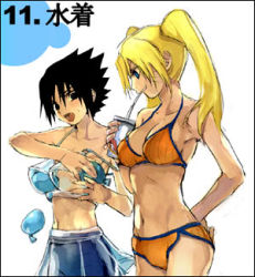 Rule 34 | 1boy, 1girl, artist request, bare arms, bikini, black eyes, black hair, blonde hair, blue eyes, blue shorts, bra, breast padding, breasts, cleavage, collarbone, crossdressing, drinking, drinking straw, facial mark, facing another, genderswap, genderswap (mtf), grin, hair between eyes, hand on own hip, hand up, hands up, happy, height difference, japanese text, kanji, long hair, looking at another, looking down, lowres, matching hair/eyes, medium breasts, midriff, naruko (naruto), naruto, naruto (series), navel, open mouth, orange bikini, orange bra, orange panties, panties, parted lips, short hair, shorts, smile, soda, spiked hair, standing, straw, swimsuit, teeth, tongue, translation request, twintails, uchiha sasuke, underwear, uzumaki naruto, whisker markings, whiskers
