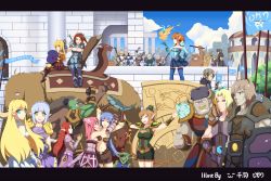 Rule 34 | 6+boys, 6+girls, animal ears, armor, banner, bear, blonde hair, blue eyes, blue hair, bow (weapon), breasts, brown eyes, building, character request, chariot, cleavage, cloud, colored skin, elephant, elf, eyepatch, fantasy, fate/zero, fate (series), fish, green eyes, green skin, grey skin, highres, horns, letterboxed, magic, multiple boys, multiple girls, muscular, nose piercing, nose ring, parody, piercing, pointy ears, red hair, robot, senba hikari, shield, sky, thighhighs, tree, weapon, window