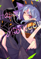 Rule 34 | 1girl, ;), bat wings, black dress, black hat, black nails, blue hair, closed mouth, commentary, copyright name, dress, english text, facial mark, halloween, halloween costume, happy halloween, hat, index finger raised, long sleeves, looking at viewer, nail polish, one eye closed, red eyes, remilia scarlet, short dress, short hair, silk, smile, solo, spider web, tendou kaoru, thigh strap, touhou, wings, witch hat