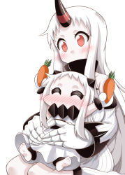Rule 34 | 10s, 2girls, ^ ^, abyssal ship, barefoot, blush, carrot, claws, closed eyes, commentary request, contemporary, covered mouth, dress, horns, kantai collection, long hair, mittens, multiple girls, northern ocean princess, nose blush, seaport princess, simple background, single horn, sitting, sitting on lap, sitting on person, sleeveless, sleeveless dress, white background, white hair, yamato nadeshiko