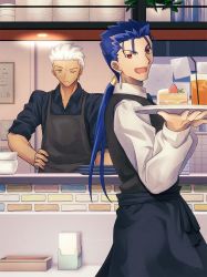 Rule 34 | 2boys, :d, apron, archer (fate), black apron, black shirt, blue hair, cake, closed mouth, collared shirt, commission, cu chulainn (fate), cu chulainn (fate/stay night), drinking straw, emiya-san chi no kyou no gohan, fate (series), food, frown, glass, hair tubes, hand on own hip, highres, holding, holding plate, indoors, long hair, long sleeves, low ponytail, male focus, multiple boys, official alternate costume, one eye closed, open mouth, plate, red eyes, shirt, shoori (migiha), silver hair, skeb commission, sleeves rolled up, smile, spiked hair, white shirt, wing collar
