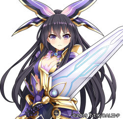 Rule 34 | 1girl, armor, armored dress, bow, breasts, cleavage, closed mouth, date a live, detached collar, dress, edamame senpai, large breasts, long hair, looking at viewer, official art, ponytail, purple eyes, purple hair, shoulder armor, solo, sword, upper body, v-shaped eyebrows, vivid army, weapon, yatogami tooka
