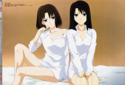 Rule 34 | 2girls, absurdres, bare shoulders, barefoot, bed, bed sheet, black hair, blue eyes, blush, bottomless, breasts, brown hair, buttons, cleavage, clenched hands, dress shirt, embarrassed, feet, frown, gradient background, grey eyes, hands on thighs, head rest, highres, indoors, kara no kyoukai, kikuchi shun&#039;ya, kokutou azaka, legs, looking at viewer, looking away, medium breasts, multiple girls, no bra, non-web source, off shoulder, official art, orange background, parted bangs, ryougi shiki, scan, scan artifacts, seiza, shirt, sitting, small breasts, thigh gap, white shirt