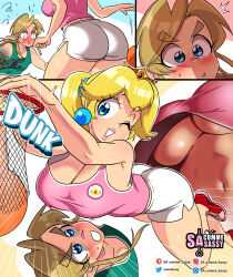 Rule 34 | 1boy, 1girl, absurdres, ass, basketball, blonde hair, blue eyes, blush, breasts, cleavage, comic, crown, earrings, from behind, highres, jewelry, jumping, large breasts, link, long hair, mario (series), nintendo, no bra, one eye closed, open mouth, pink tank top, ponytail, princess peach, sasa tseng, shorts, smile, sportswear, surprised, tank top, the legend of zelda, underboob, white shorts, wink