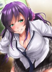 Rule 34 | 10s, 1girl, blush, board, breasts, cleavage, denizen tomo, female focus, gradient background, green eyes, grin, highres, large breasts, long hair, looking at viewer, love live!, love live! school idol project, necktie, papers, purple hair, school uniform, self-upload, skirt, smile, solo, thighhighs, tojo nozomi