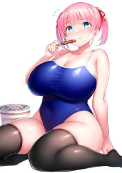 Rule 34 | 1girl, black thighhighs, blue eyes, blush, breasts, competition school swimsuit, competition swimsuit, curvy, eating, food, highres, huge breasts, kebab, nose blush, one-piece swimsuit, original, pink hair, plump, school swimsuit, short hair, simple background, sitting, skindentation, solo, swimsuit, thighhighs, tsukumiya amane, twintails, wariza, white background