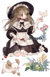 Rule 34 | 1girl, :o, animal ears, apron, apron lift, bird, bird on hand, black bow, black bowtie, black dress, black eyes, black footwear, black hat, blue bow, blunt bangs, blush stickers, bow, bowtie, brown eyes, brown hair, buttons, capelet, clothes lift, dog, dog ears, dress, fingernails, flower, food, frilled dress, frilled hat, frilled sleeves, frills, fruit, full body, grass, hat, hat flower, hat ribbon, lifting own clothes, loafers, long hair, long sleeves, looking at animal, medium dress, open mouth, original, outstretched hand, pink flower, pink rose, pom pom (clothes), puffy long sleeves, puffy sleeves, purple flower, putong xiao gou, ribbon, rose, sample watermark, shoes, sitting, sleeves past elbows, smile, socks, solid circle eyes, solo, strawberry, turtleneck capelet, wariza, watermark, white apron, white background, white bird, white capelet, white flower, white ribbon, white rose, white socks, yellow flower