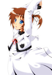 Rule 34 | 1girl, arms up, bad id, bad pixiv id, blue eyes, blush, brown hair, hair ribbon, long sleeves, lyrical nanoha, mahou shoujo lyrical nanoha, mahou shoujo lyrical nanoha a&#039;s, open mouth, red ribbon, ribbon, school uniform, short twintails, solo, taka0418, takamachi nanoha, tukimisou d, twintails, white background