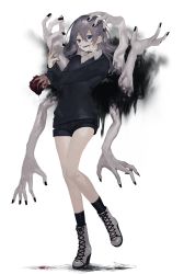 Rule 34 | 1girl, ankle boots, bad id, bad pixiv id, black nails, black shorts, black socks, black sweater, blood, boots, collared shirt, creepy, extra arms, fingernails, full body, grey footwear, gwen (g90z), heart (organ), holding, horror (theme), long sleeves, looking at viewer, monster, nail polish, original, shirt, short hair, short shorts, shorts, silver hair, smile, socks, solo, standing, standing on one leg, sweater, white background, white shirt, wing collar