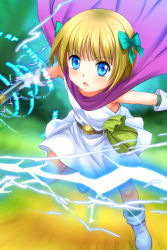 Rule 34 | 1girl, blonde hair, blue eyes, blush, boots, bow, cape, dragon quest, dragon quest v, electricity, flat chest, gloves, hair bow, hero&#039;s daughter (dq5), highres, magic, mutsuki (moonknives), open mouth, short hair, solo, square enix, staff