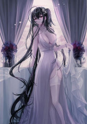 Rule 34 | 1girl, absurdly long hair, ahoge, azur lane, bare shoulders, black hair, bracelet, breasts, cleavage, clothes lift, commentary request, cup, curtains, dress, dress lift, drinking glass, earrings, flower, garter straps, head tilt, hemorina, highres, jewelry, large breasts, long hair, looking at viewer, necklace, official alternate costume, one side up, open mouth, red eyes, red flower, red rose, rose, sleeveless, sleeveless dress, solo, taihou (azur lane), taihou (temptation on the sea breeze) (azur lane), thighhighs, thighs, very long hair, wedding dress, white dress, white garter straps, white thighhighs, wine glass