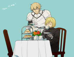 Rule 34 | 10s, 2boys, armor, blonde hair, blue background, chair, cup, eating, english text, fate/extra, fate (series), flower, gawain (fate), gloves, leonard bistario harway, male focus, multiple boys, nano (veek), sauce, school uniform, simple background, tablecloth, tea, teacup, teapot, tiered tray