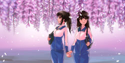 Rule 34 | 2girls, absurdres, bag, black hair, collared shirt, feet out of frame, flower, highres, holding another&#039;s hand, holding hands, jacket, long sleeves, looking to the side, medium hair, multiple girls, open mouth, original, pants, petals, school bag, school uniform, shirt, standing, track jacket, track pants, track suit, wisteria, yuanfang de baihua l&iacute;n, yuri