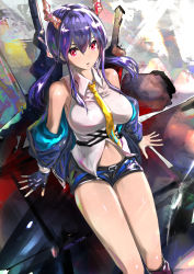 Rule 34 | 1girl, arknights, bare shoulders, black shorts, blue hair, blue jacket, breasts, ch&#039;en (arknights), commentary request, feet out of frame, hair between eyes, horns, jacket, large breasts, long hair, long sleeves, looking at viewer, low twintails, navel, necktie, off shoulder, parted lips, partial commentary, pink eyes, shirt, short shorts, shorts, sidelocks, sitting, sleeveless, sleeveless shirt, solo, thighs, twintails, uenoryoma, white shirt, yellow necktie