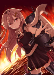 Rule 34 | 10s, 1girl, bad hands, blonde hair, fiery background, fire, hair flaps, hair ornament, hair ribbon, hairclip, highres, kantai collection, long hair, looking at viewer, outstretched arm, outstretched hand, red eyes, ribbon, school uniform, seki (l0410706268), serafuku, skirt, solo, thighhighs, yuudachi (kancolle), yuudachi kai ni (kancolle)