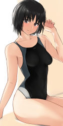 Rule 34 | 1girl, amagami, black hair, black one-piece swimsuit, breasts, brown eyes, competition swimsuit, covered navel, cowboy shot, highres, looking at viewer, nanasaki ai, one-piece swimsuit, short hair, sitting, small breasts, solo, swimsuit, two-tone swimsuit, yoo tenchi