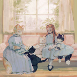 Rule 34 | 1girl, animal, animal in clothes, black cat, blue dress, blue eyes, book, brown hair, cat, couch, curtains, dress, highres, indoors, long hair, mary janes, original, shoes, sitting, tono (rt0no), white cat, white legwear, window