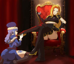 Rule 34 | 2girls, absurdres, alcohol, blonde hair, blue hair, boots, breasts, chair, chinese clothes, commentary request, commission, cup, drinking glass, fairy tail, from behind, highres, juvia lockser, large breasts, licking, licking foot, multiple girls, non-web source, original, queen, slave, throne, underboob, wine, wine glass