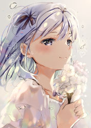 Rule 34 | 1girl, birthday, blush, bouquet, commentary request, flower, grey background, hair ribbon, heart, holding, holding flower, jewelry, long hair, natsume eri, original, purple eyes, purple hair, ribbon, smile, solo, striped, upper body, water drop, white flower